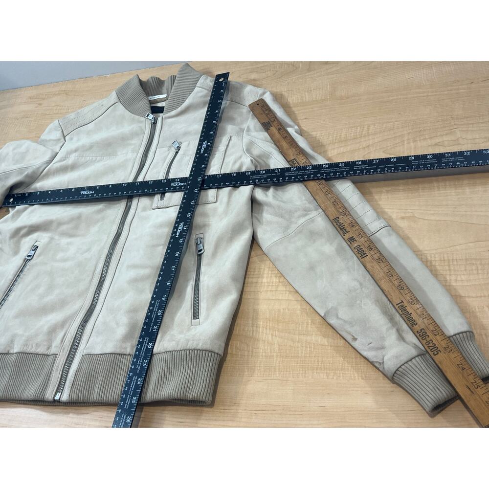 Calvin Klein Genuine Leather Bomber Jacket‎ Beige Mens Size S - Picture 6 of 9